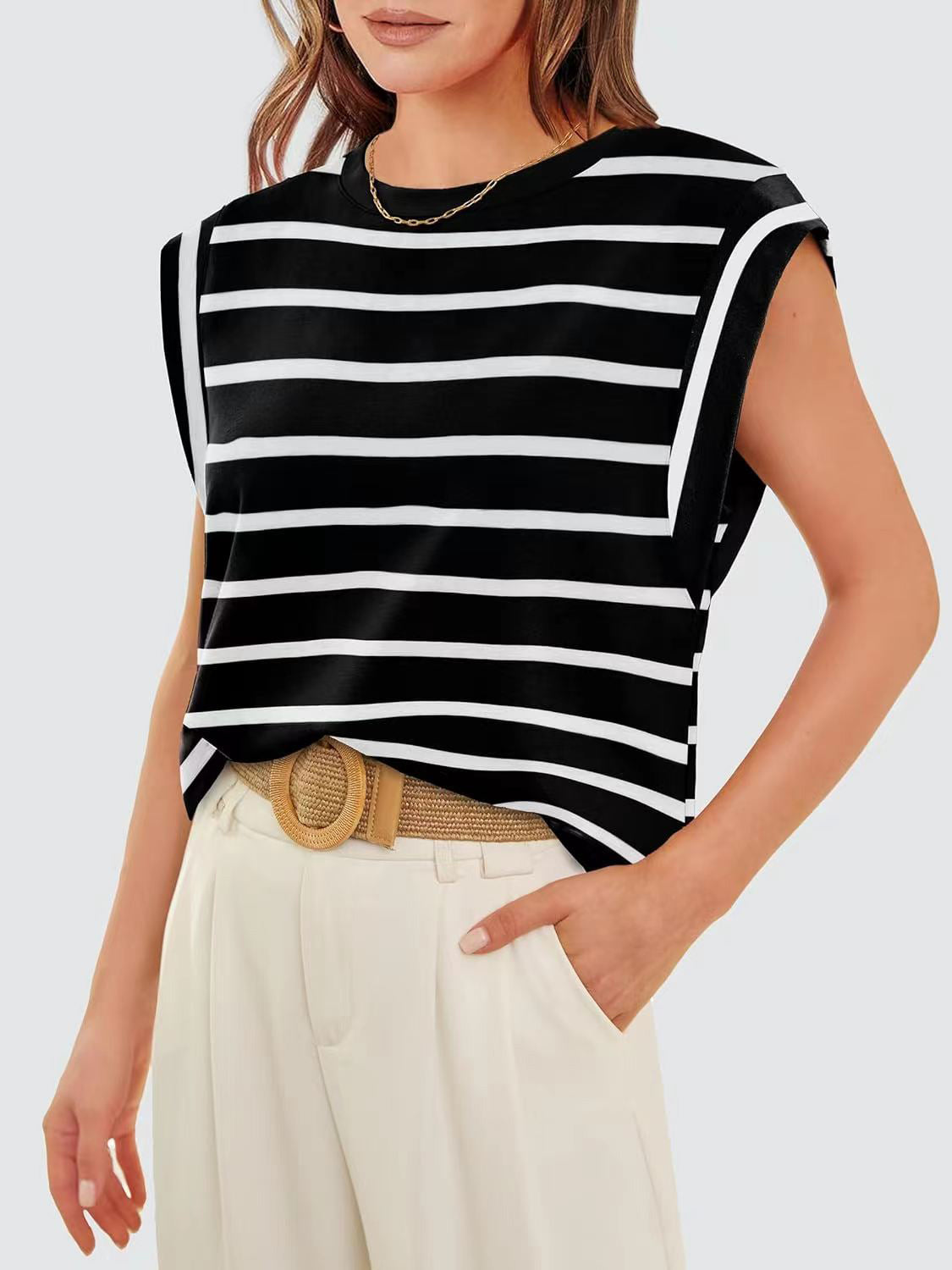 Striped Round Neck Cap Sleeve T-Shirt - Charming Charlie