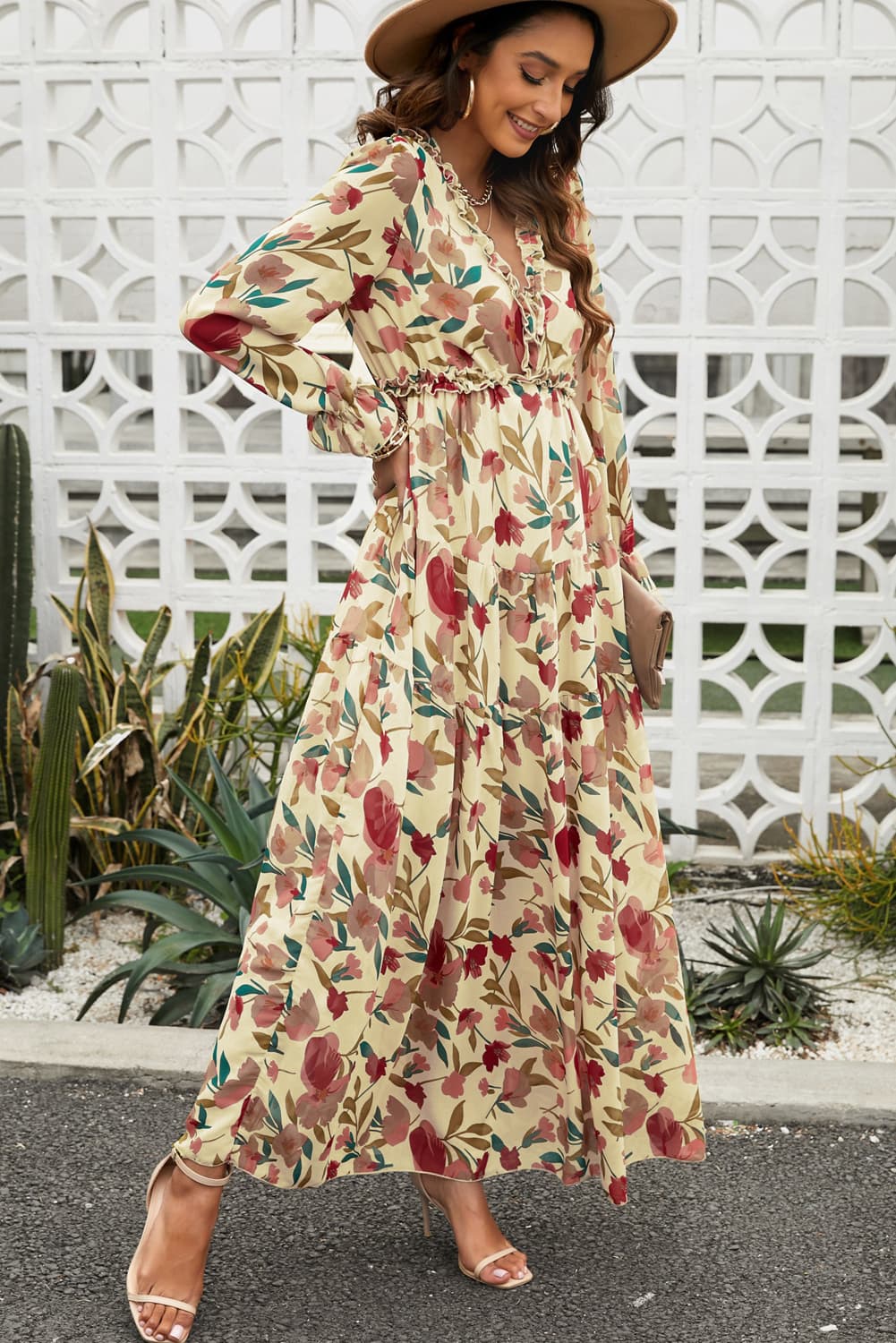 Floral Frill Trim Flounce Sleeve Plunge Maxi Dress Charming Charlie Floral Frill Trim Flounce Sleeve Plunge Maxi Dress Charming Charlie