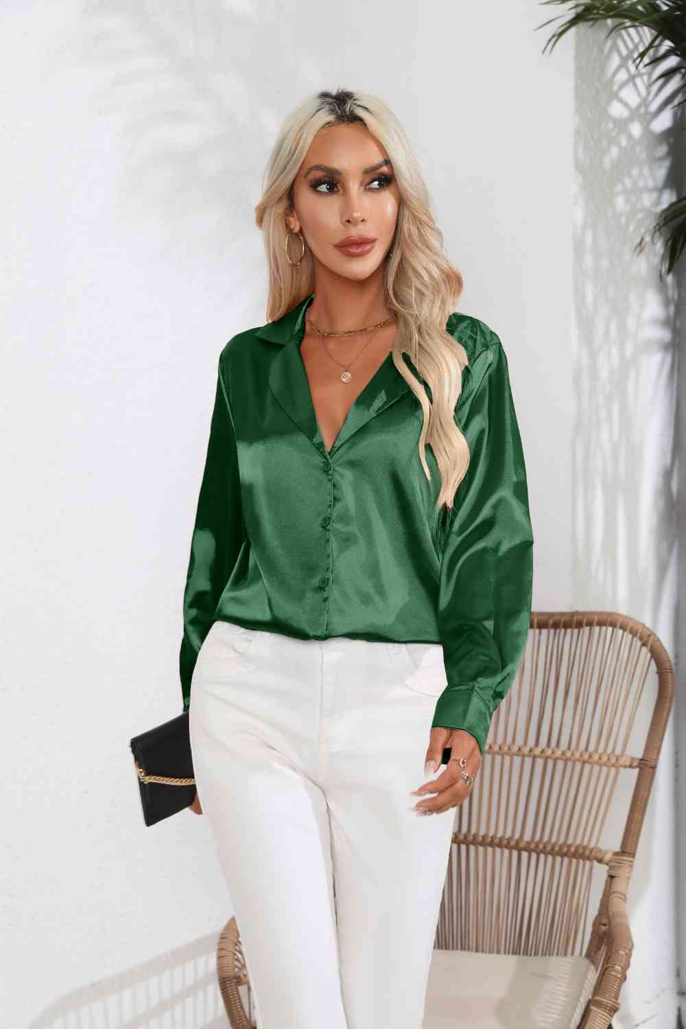 Lapel Collar Button Up Long Sleeve Shirt - Charming Charlie