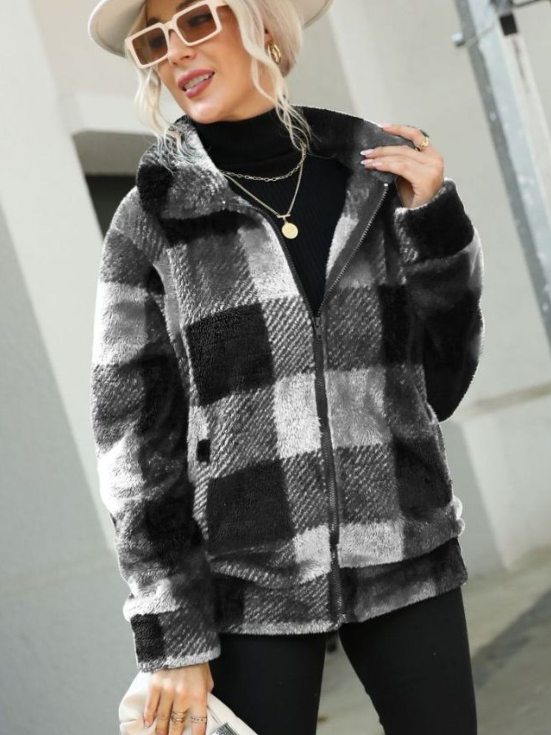 Plaid Zip-Up Collared Jacket - Charming Charlie