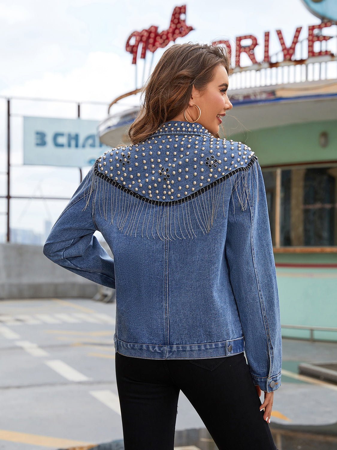 Studded Fringe Button Down Denim Jacket – Charming Charlie