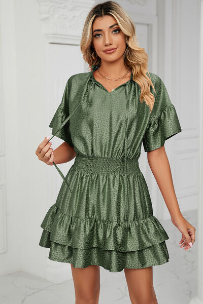 Smocked Tie Neck Flounce Sleeve Dress - Charming Charlie