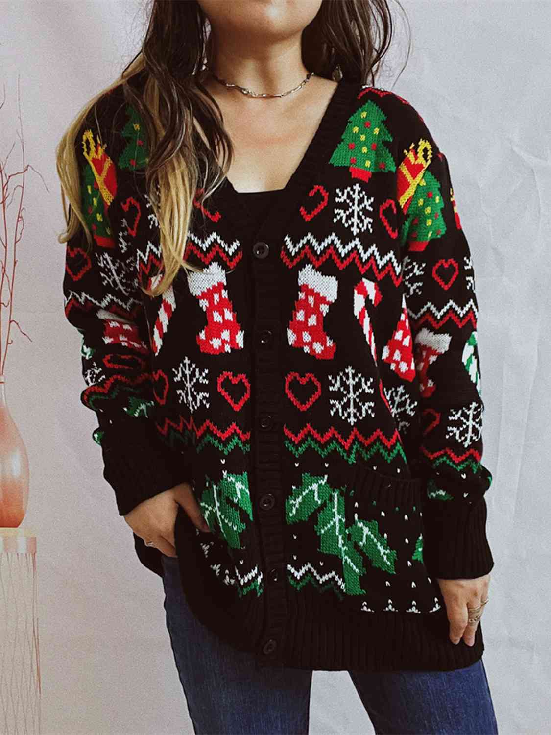 Printed Button Up V-Neck Long Sleeve Cardigan with Pockets - Charming Charlie