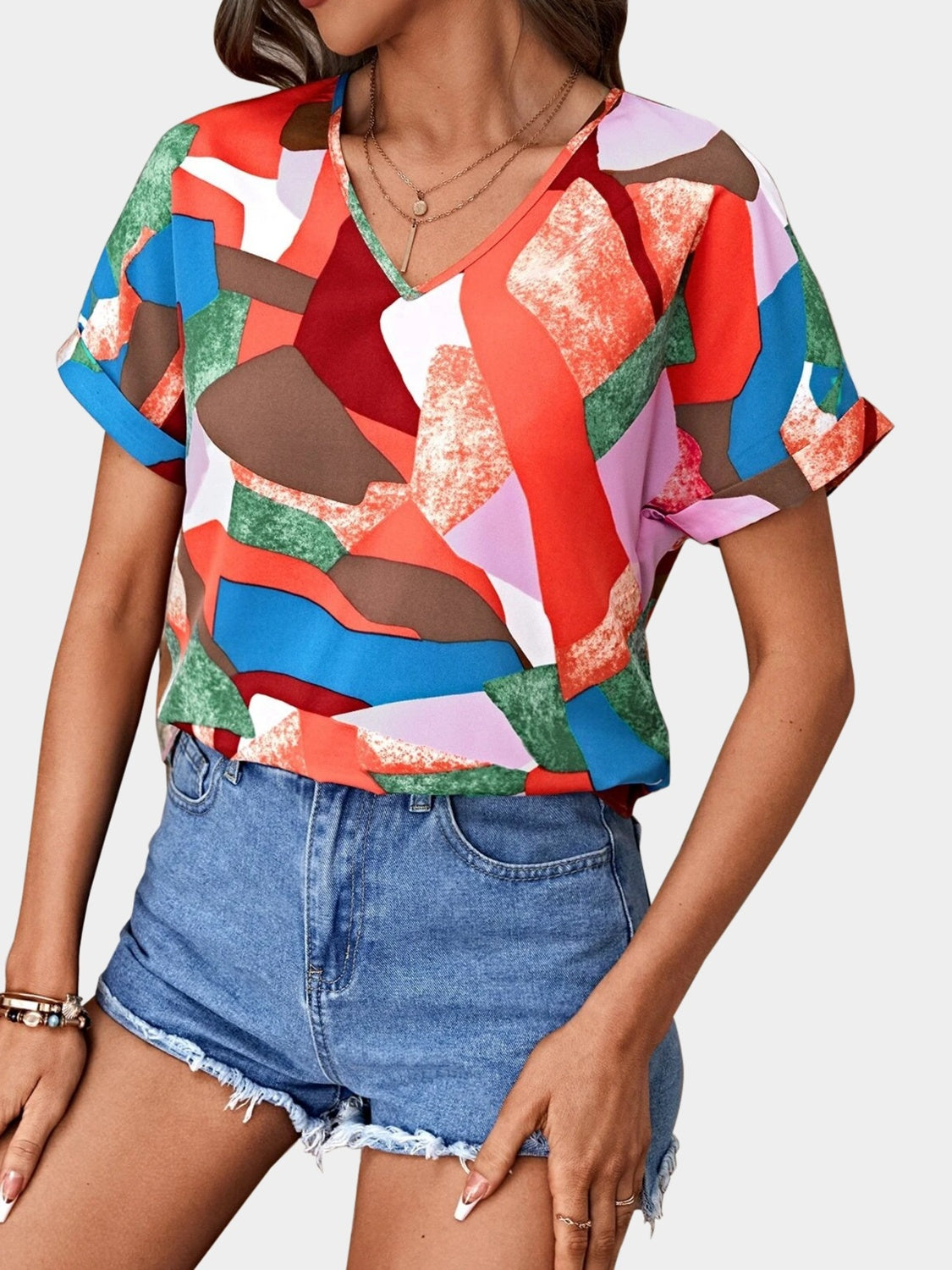 Printed V-Neck Short Sleeve Blouse - Charming Charlie
