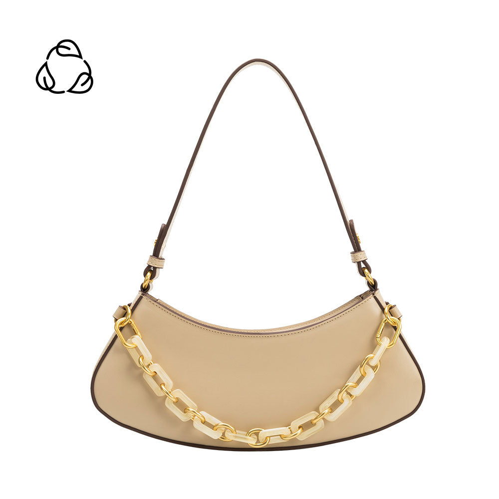 A cream recycled vegan leather shoulder bag with a cream chain on the front. 