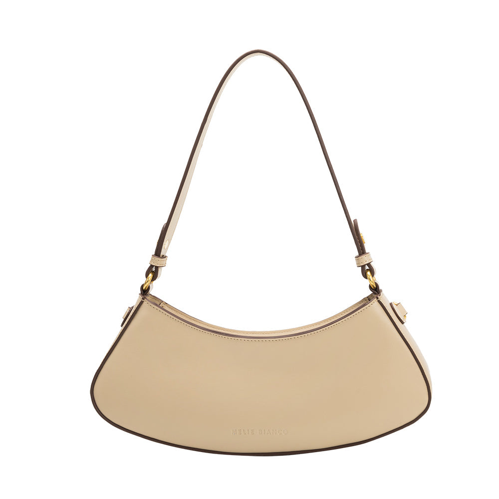 A cream recycled vegan leather shoulder bag with a chain on the front. 