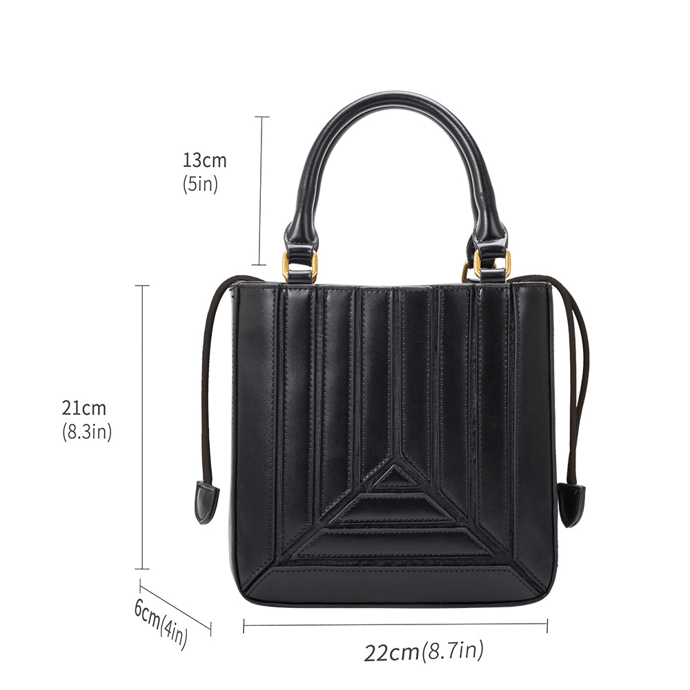 A measurement reference image for a  accordion-paneled recycled vegan leather. 
